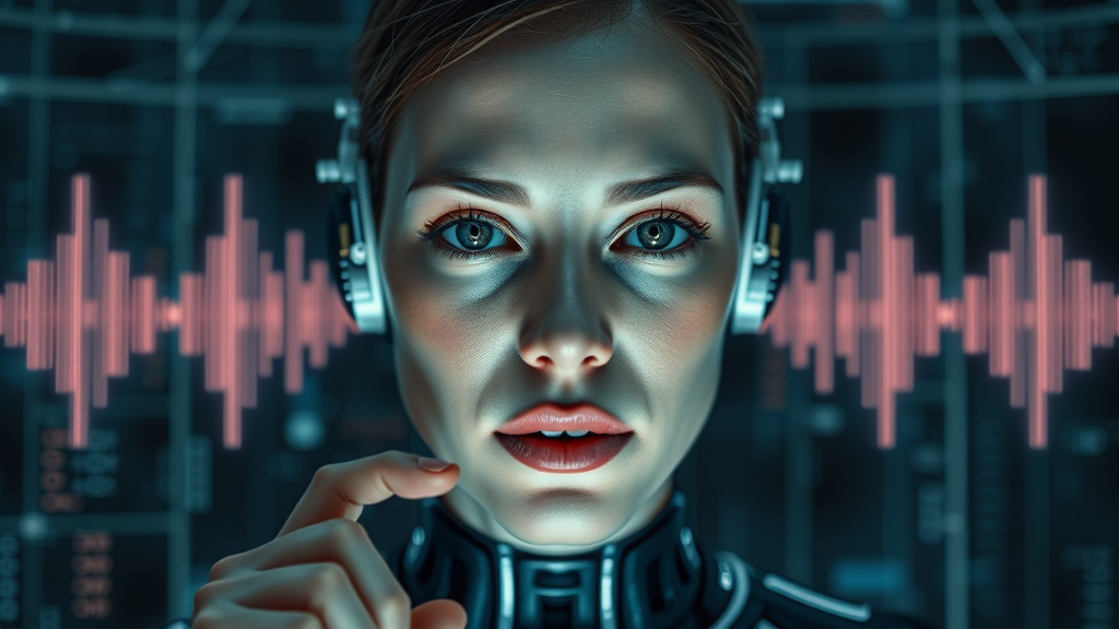 advanced AI technology with abstract voice signal interface, analyzing speech data in a high-tech hub