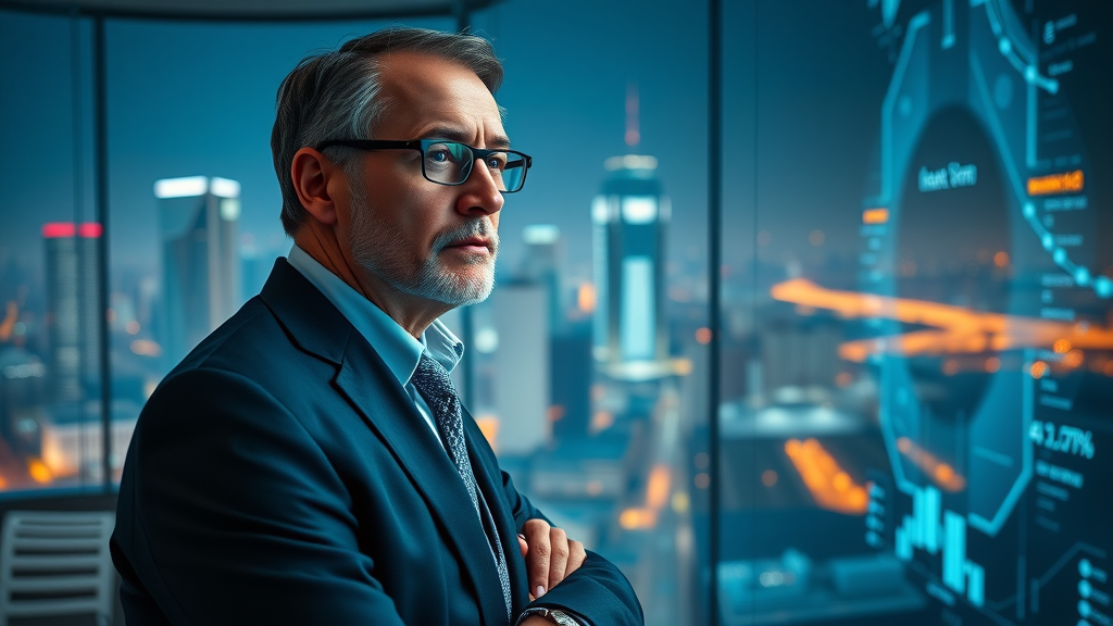 Visionary business leader overlooking digital cityscape with holographic AI data streams, advanced conversational AI agent interfaces