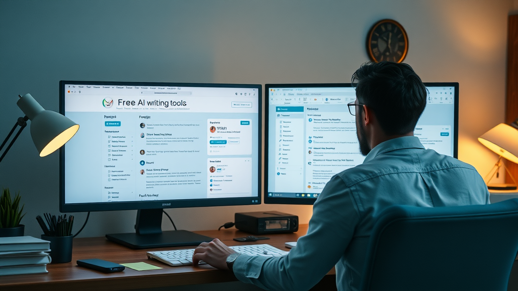 workspace comparing free ai writing tools with premium platforms, side-by-side ai tool setup, creative home office, user evaluating content creation features