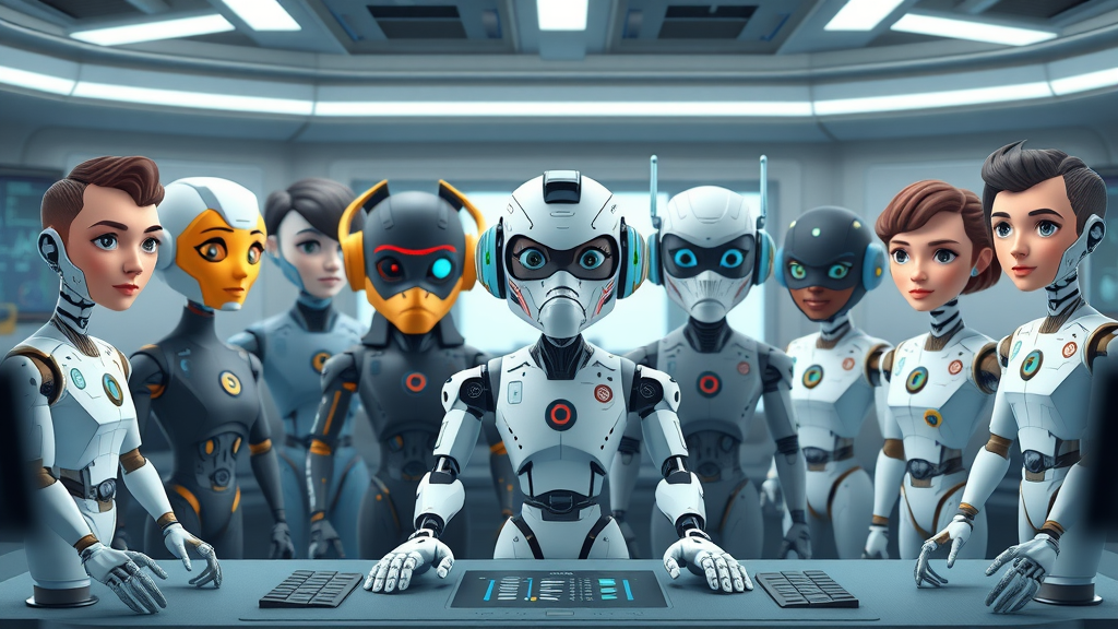 Diverse digital avatars representing types of AI agents: conversational, reactive, model-based, goal-based, and utility-based. AI agent types in a futuristic control room