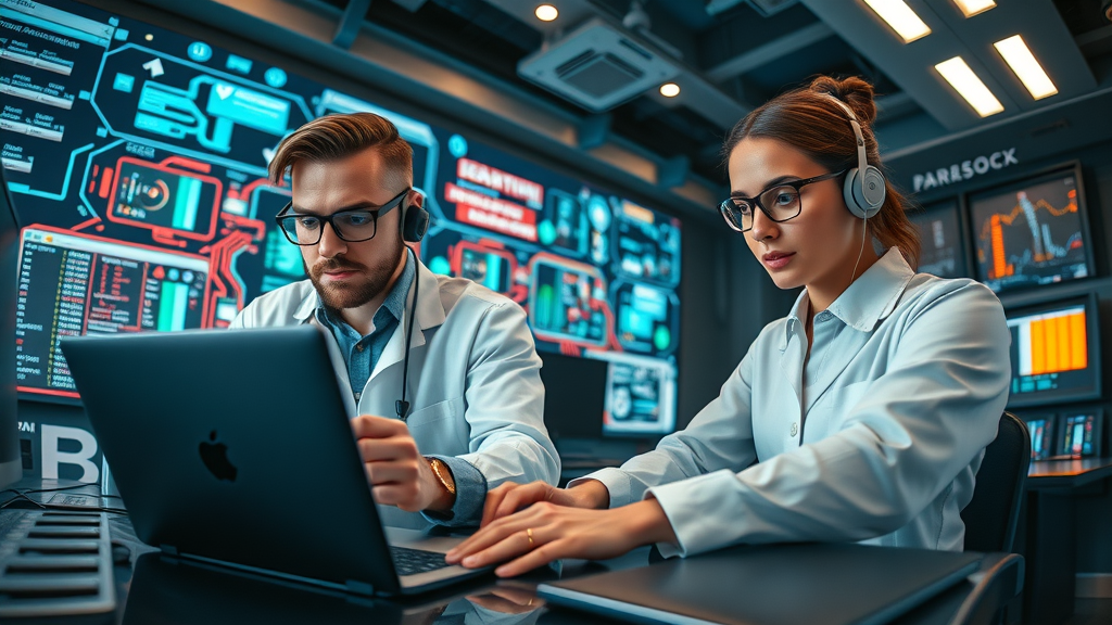 IT specialists and contact center managers problem-solving AI-powered call routing integration