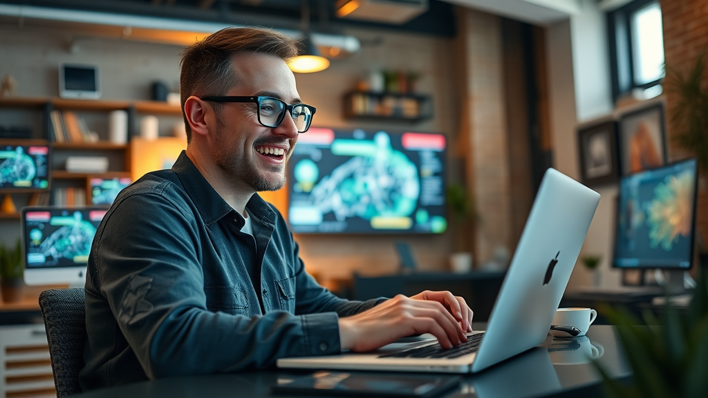 Content creator using AI copywriting tool for blog posts and marketing copy